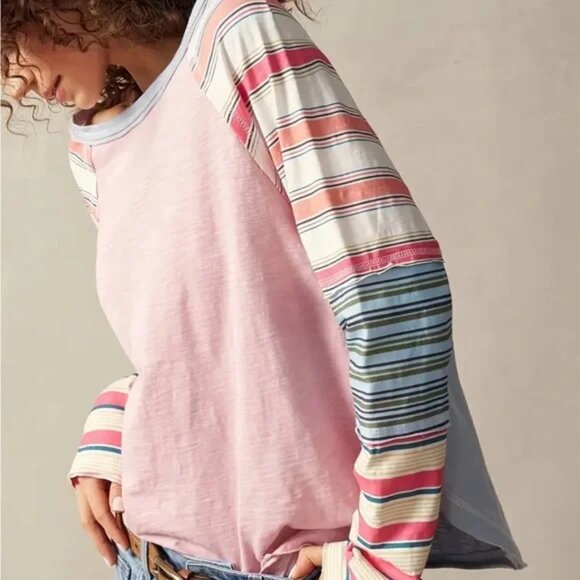 Pastel Pink & Blue Multicolour Striped T-Shirt Top - Picture 3 of 5